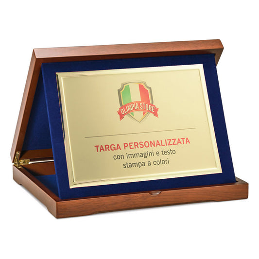 TA..09B Targa rettangolare dorata con astuccio in velluto e legno
