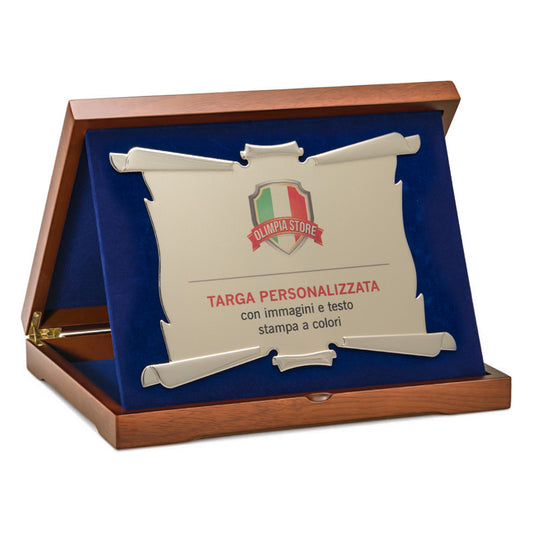 TA..09N Targa a pergamena dorata con astuccio in velluto e legno